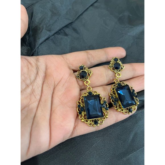 navy blue earrings gold chandelier dark blue wedding  navy crystal earrings big - Picture 5 of 7